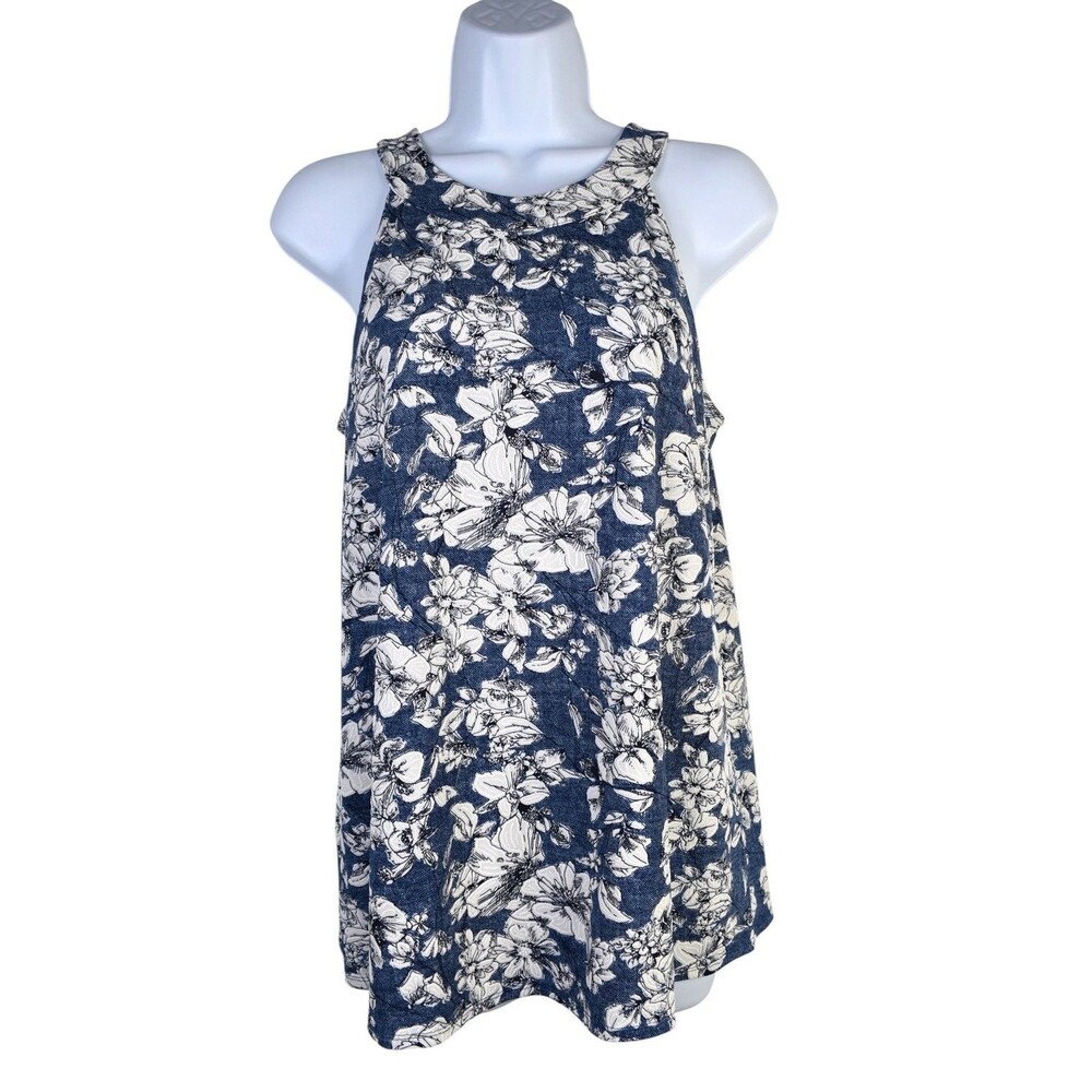 Fortune + Ivy Top Womens S Blue Floral Sleeveless Halter Neck Keyhole Back - Picture 1 of 8